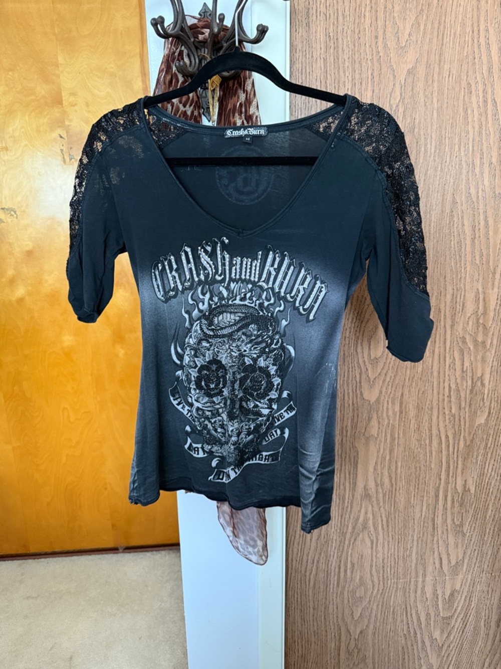 Crash & Burn Black Lace-Sleeve Skull Graphic Tee
